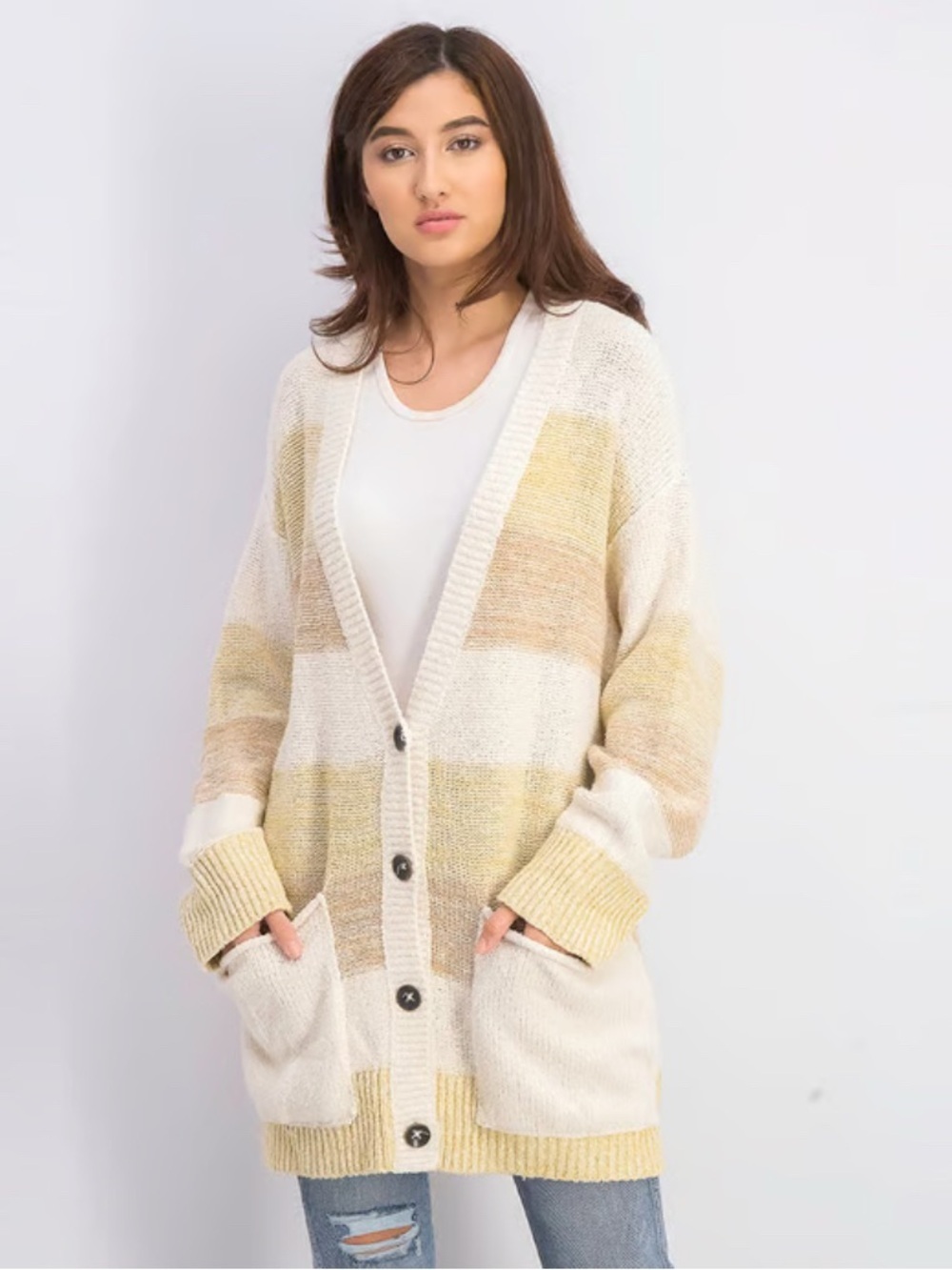 Free People Cream and Pale Yellow Striped Oversized Button Cardigan Cotton